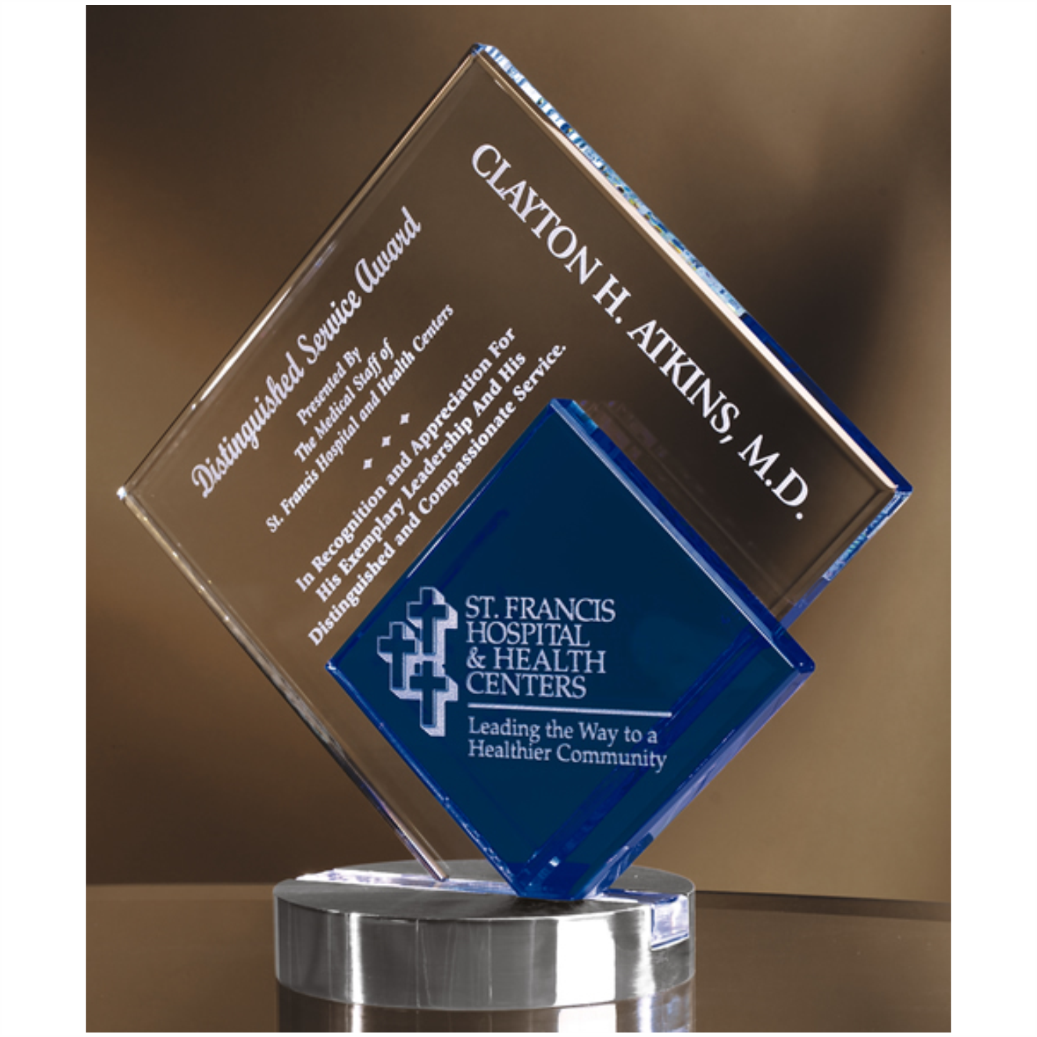 Crystal With Blue Inset Diamond Shape Award