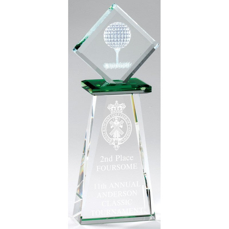 Golf Ball on Tee 3-D etched on Award with Green Accents