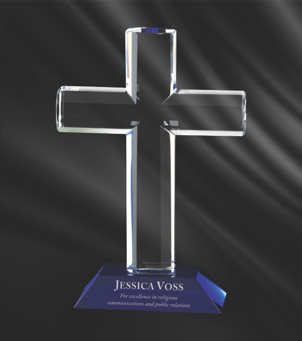 Crystal Cross Award On Blue Glass Base