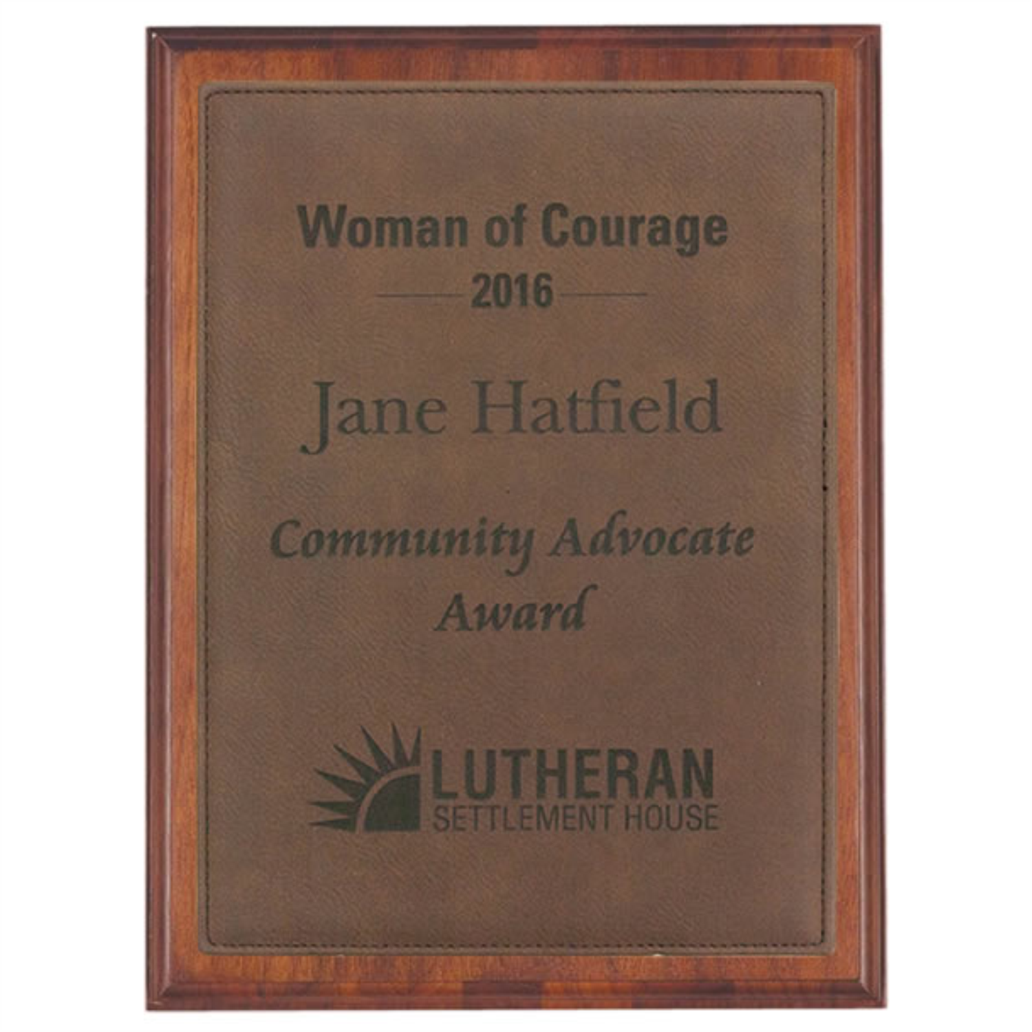 Simulated Walnut Plaque With Dark Brown Lasered Leatherette Plate